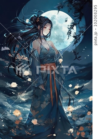 Japanese cartoon anime girl in a kimono dress in a flower field on a full moon 102008295