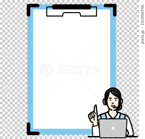 Young female operator sitting in front of a laptop and explaining with a binder 102008346