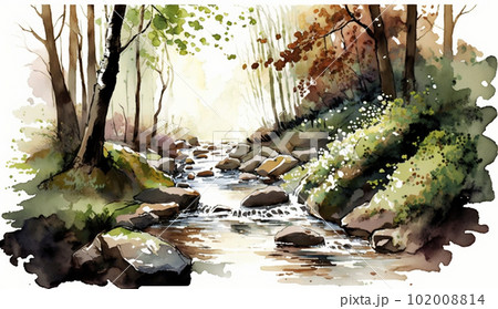 春から夏の落葉樹林の水彩画