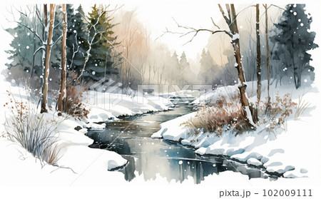 冬の落葉樹林の水彩画