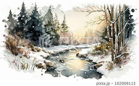冬の落葉樹林の水彩画 102009113