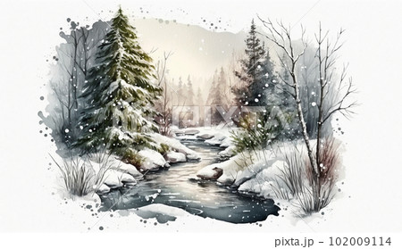 冬の落葉樹林の水彩画
