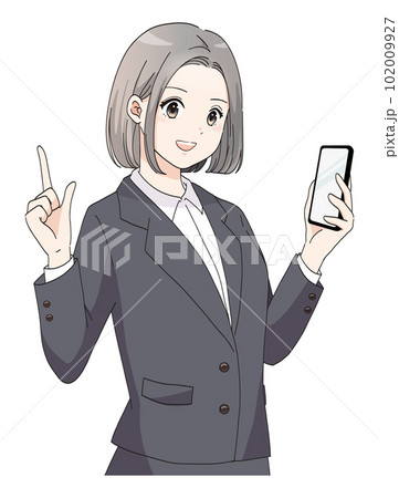 スマホを持って指差ししているスーツの女性のイラスト スマホを持って指差ししているスーツの女性のイラスト 102009927
