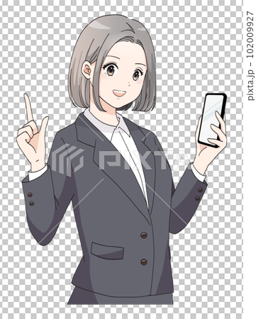 スマホを持って指差ししているスーツの女性のイラスト スマホを持って指差ししているスーツの女性のイラスト 102009927