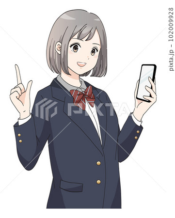 スマホを持って指差ししているブレザー服の女子学生のイラスト スマホを持って指差ししているブレザー服の女子学生のイラスト 102009928