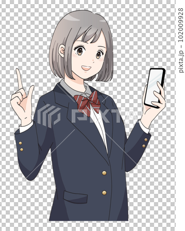 スマホを持って指差ししているブレザー服の女子学生のイラスト スマホを持って指差ししているブレザー服の女子学生のイラスト 102009928