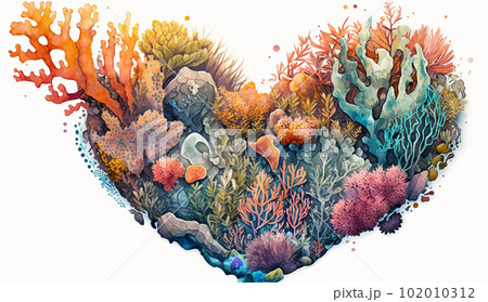 珊瑚礁のイメージのハートマークの水彩画