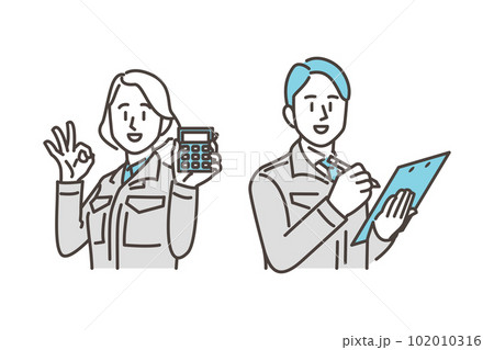 電卓とペンで見積もりする作業服姿の男女作業員【ベクターイラスト素材】 102010316