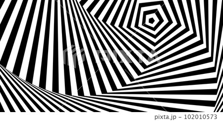 Optical illusion background. Black and white abstract geometric spiral surface. Poster design. Torsion illusion wallpaper. Vector illustration Optical illusion background. Black and white abstract geometric spiral surface. Poster design. Torsion illusion wallpaper. Vector illustration 102010573