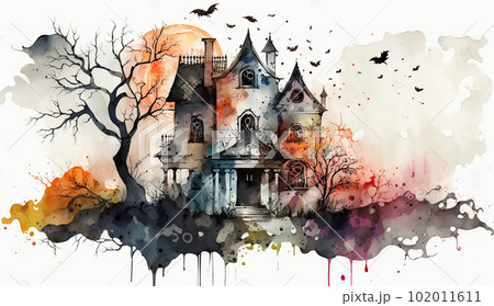 ハロウィンのイメージ：古い洋館にコウモリが飛んでいる水彩画