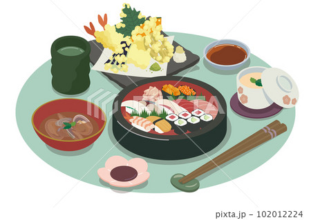 お寿司と天ぷらの定食のベクターイラスト素材 お寿司と天ぷらの定食のベクターイラスト素材 102012224
