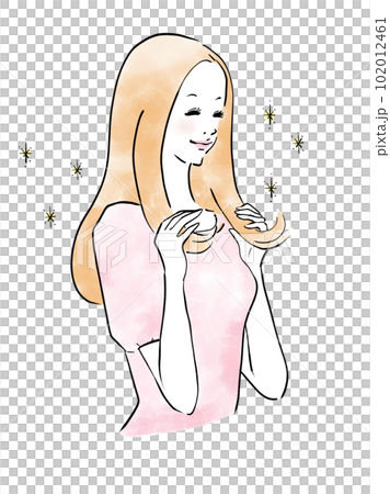Long-haired woman touching her beautiful hair Long-haired woman touching her beautiful hair 102012461