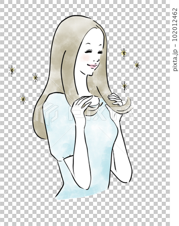 Long-haired woman touching her beautiful hair Long-haired woman touching her beautiful hair 102012462