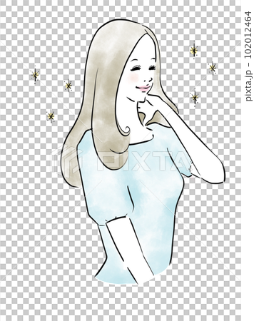 Long-haired woman touching her beautiful hair 102012464