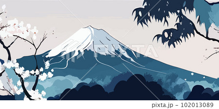 Snow-covered Mount Fuji and cherry blossoms against the sky. For your design. 102013089