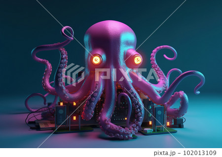 An octopus with light that is in the digital world on a dark background. Sea animals. illustration, generative AI. 102013109