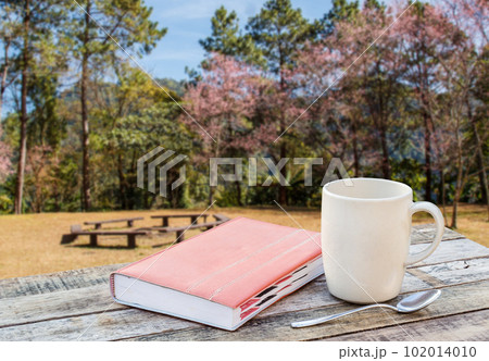 Notebook and coffee cup on wood table with blur background Notebook and coffee cup on wood table with blur background 102014010