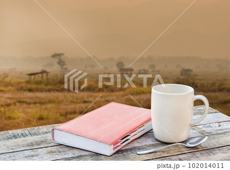 Notebook and coffee cup on wood table with blur background Notebook and coffee cup on wood table with blur background 102014011