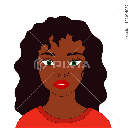 Black young woman. Vector illustration of a black girl with curly long hair and green eyes. Poster, postcard, avatar, icon. 102014687