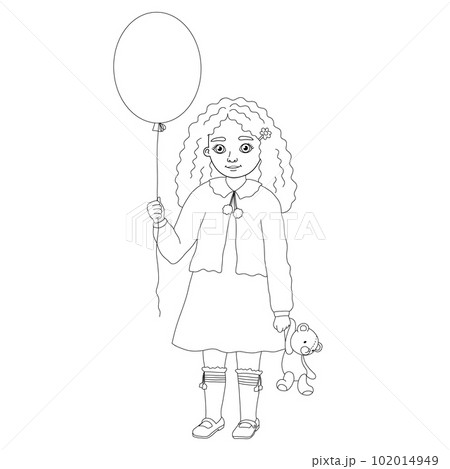 Outline illustration girl with balloon and bear toy. Cute kid for isolated on white for coloring book Outline illustration girl with balloon and bear toy. Cute kid for isolated on white for coloring book 102014949