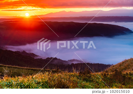 大観峰の雲海と草紅葉　日の出　【熊本県阿蘇市】 102015010