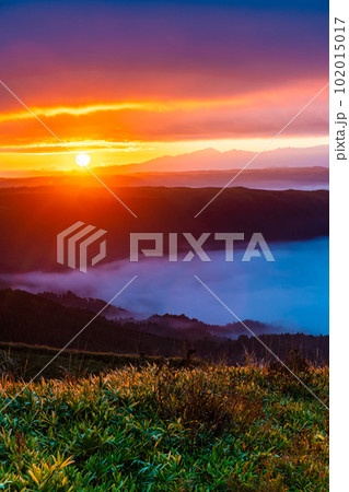 大観峰の雲海と草紅葉　日の出　【熊本県阿蘇市】 102015017