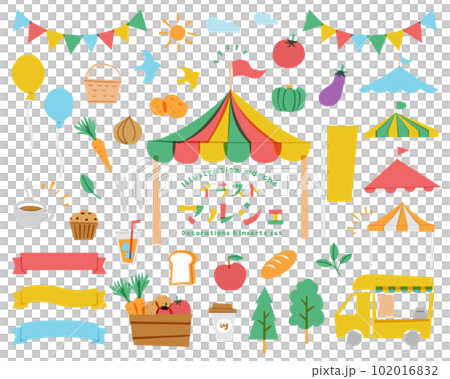 マルシェ・マーケットの手描き風イラストのセット　市場　イベント　バザー　飾り　フェス　フリマ　リボン 102016832