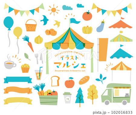 マルシェ・マーケットの手描き風イラストのセット　市場　イベント　バザー　飾り　フェス　フリマ　リボン 102016833