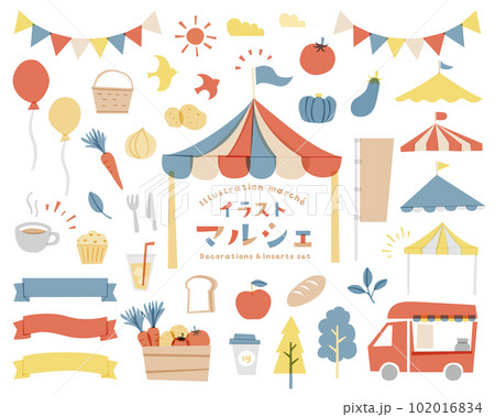マルシェ・マーケットの手描き風イラストのセット　市場　イベント　バザー　飾り　フェス　フリマ　リボン 102016834