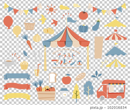 マルシェ・マーケットの手描き風イラストのセット　市場　イベント　バザー　飾り　フェス　フリマ　リボン 102016834