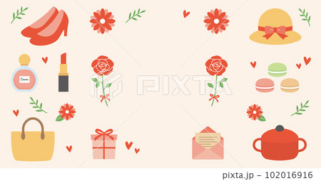 赤いバラの花と女性向けプレゼントのフレームイラスト。サムネイル、タイトル素材。 102016916