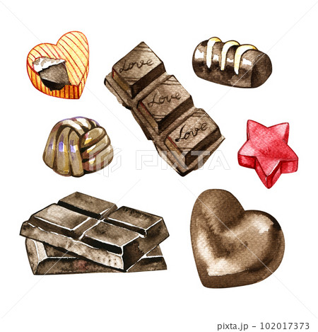 set of chocolates drawing by watercolor at white background, hand drawn design elements 102017373