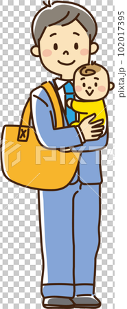 A father in a suit holding a baby with luggage A father in a suit holding a baby with luggage 102017395