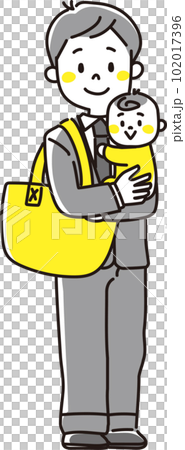 A father in a suit holding a baby with luggage A father in a suit holding a baby with luggage 102017396