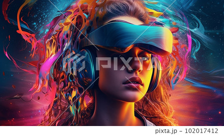 VR・メタバース・仮想空間・仮想現実・バーチャルリアリティをする女性（Generative AI） 102017412