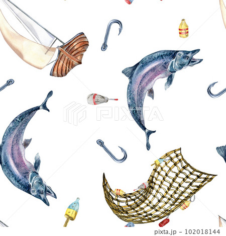 Seamless pattern of sea fish and sail boat watercolor illustration isolated on white. Fishing boat and salmon, trout hand drawn. Design element for textile, packaging, wrapping, background, market Seamless pattern of sea fish and sail boat watercolor illustration isolated on white. Fishing boat and salmon, trout hand drawn. Design element for textile, packaging, wrapping, background, market 102018144