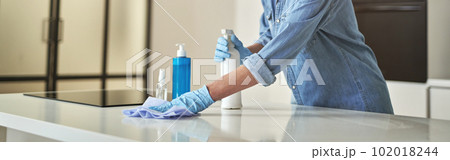 Happy mature woman in rubber gloves smiling at camera, using detergent spray and cloth while cleaning surface in the kitchen 102018244