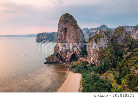 Aerial view of beach at sunset ,Railay beach, Krabi province Aerial view of beach at sunset ,Railay beach, Krabi province 102018273