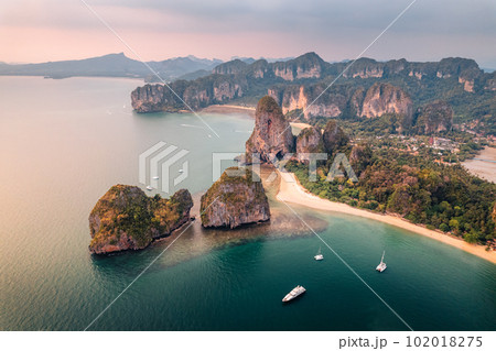 Aerial view of beach at sunset ,Railay beach, Krabi province 102018275