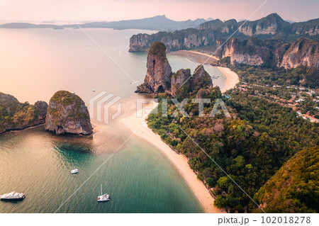 Aerial view of beach at sunset ,Railay beach, Krabi province Aerial view of beach at sunset ,Railay beach, Krabi province 102018278
