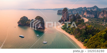 Aerial view of beach at sunset ,Railay beach, Krabi province Aerial view of beach at sunset ,Railay beach, Krabi province 102018280