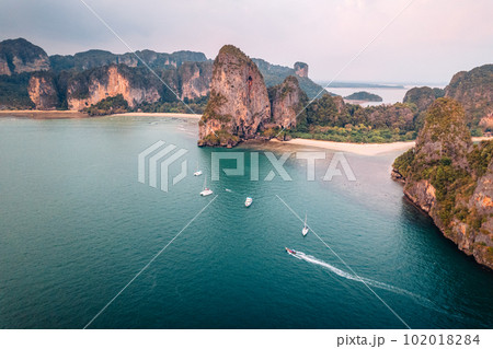 Aerial view of beach at sunset ,Railay beach, Krabi province 102018284
