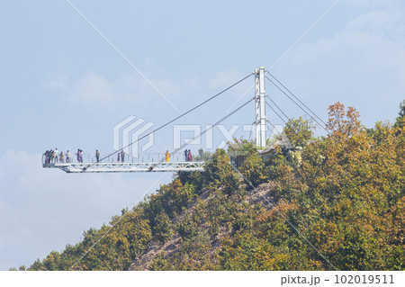 INDIA, BIHAR, NALANDA, February 2023, Tourist at India's First Glass Bridge, 200 feet Height, Rajgir.. INDIA, BIHAR, NALANDA, February 2023, Tourist at India's First Glass Bridge, 200 feet Height, Rajgir.. 102019511