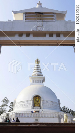INDIA, BIHAR, NALANDA, February 2023, Devotee at Vishwa Shanti Stupa, Rajgir, rear view 102019519