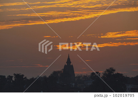 Beautiful Silhouette of Mahabodhi Temple During Evening Time, Bodh Gaya, Bihar.. Beautiful Silhouette of Mahabodhi Temple During Evening Time, Bodh Gaya, Bihar.. 102019705