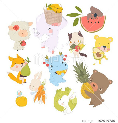 Cute Cartoon Animals with Fruits and Vegetables Cute Cartoon Animals with Fruits and Vegetables 102019780