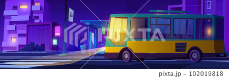 Night city street, bus stop on red traffic light Night city street, bus stop on red traffic light 102019818
