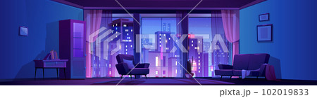 Night living room interior with panoramic window 102019833