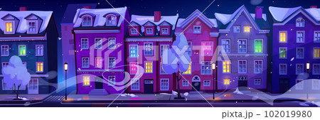 Scandinavian cartoon snow night city illustration Scandinavian cartoon snow night city illustration 102019980