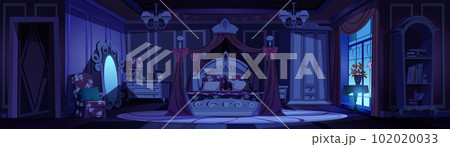 Pink princess bedroom interior at night background 102020033